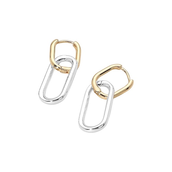 Two Tone Geometric Huggie Earrings - Picture 2 of 3